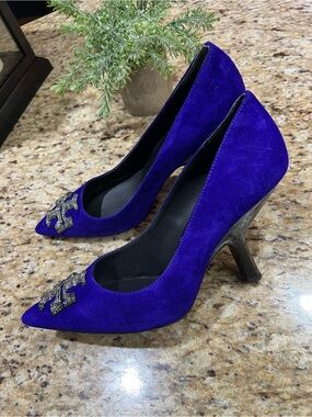 Tory Burch Eleanor Pave Suede Pointed-Toe w/ Crystal- Embellished Logo Pumps 9.5